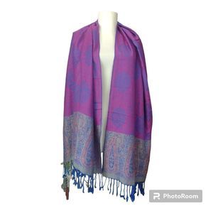 Pashmina India Fringe Purple Paisley Rectangle Long Scarf 68" X 27" Excellent